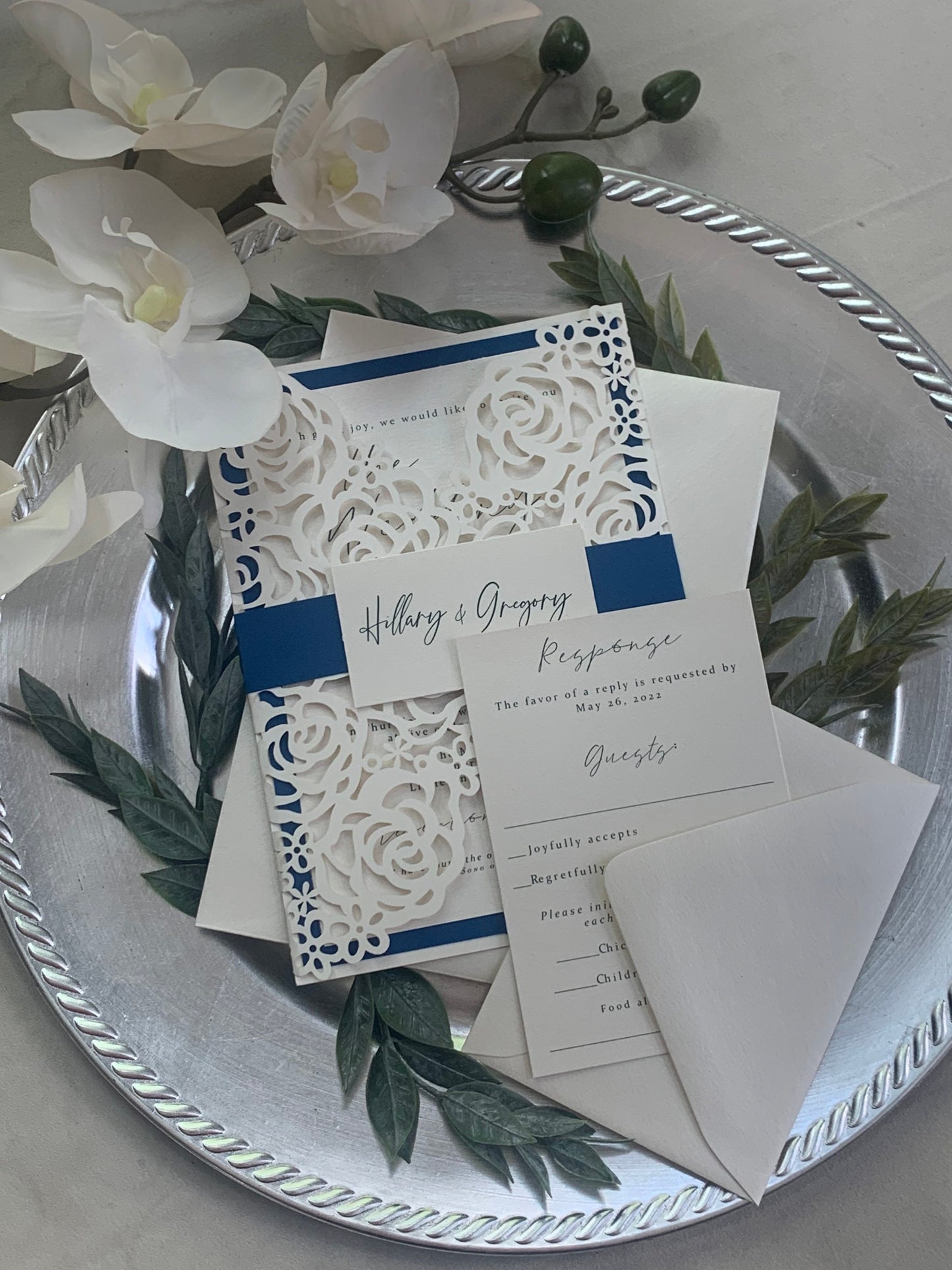 Royal Blue Wedding Invitation Set/Suite, Off white Wedding Invitation, Elegant Wedding Invitation, Ivory Wedding invitations, Laser Cut